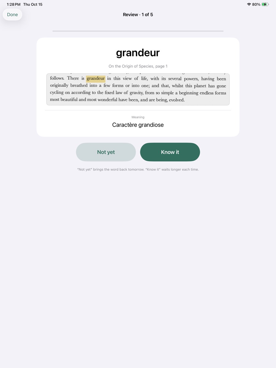 The daily review card for grandeur, with the picture of its line and the French meaning.
